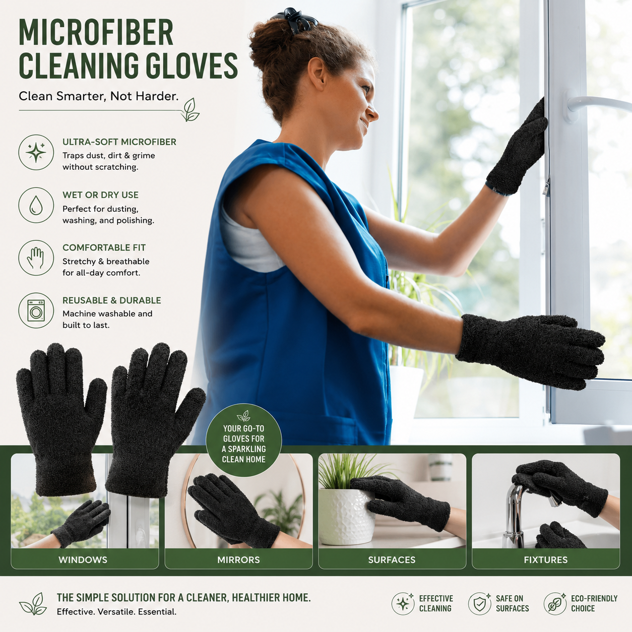 Microfiber Leaf Cleaning Gloves - Black, Medium