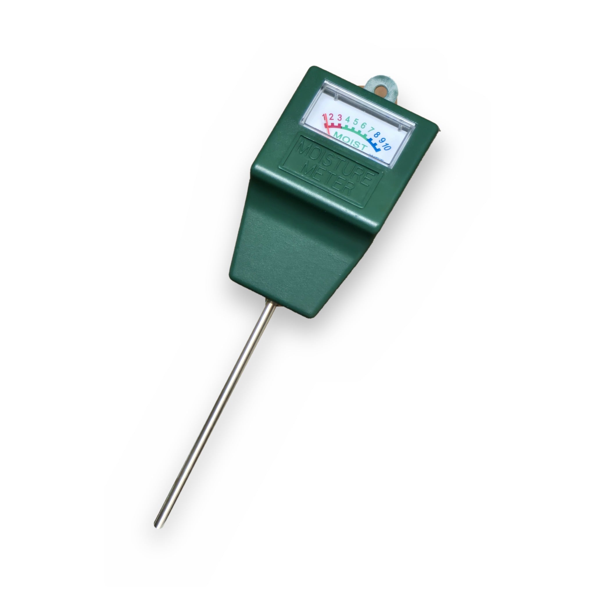Analog soil moisture meter with 7-inch stainless steel probe on white background