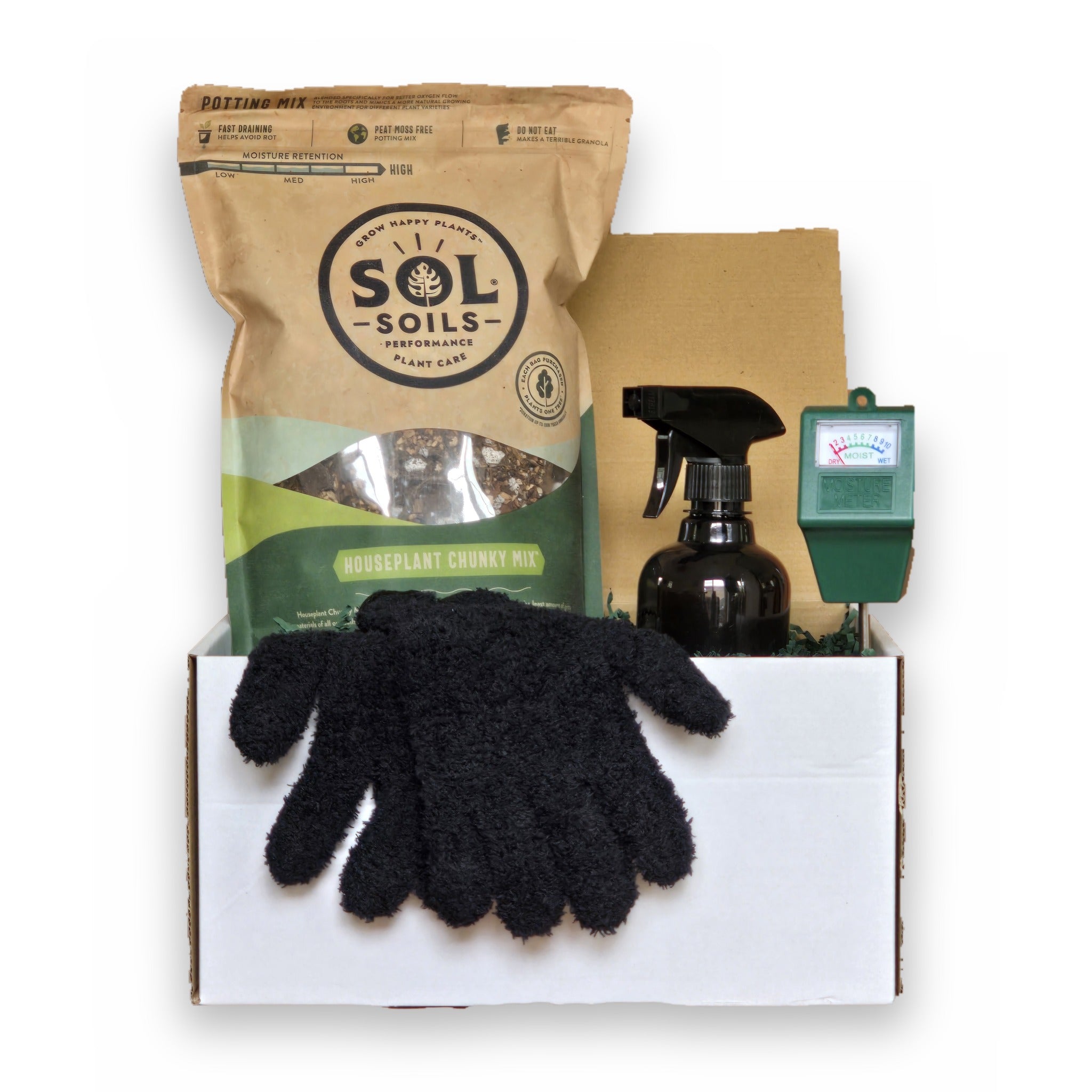 Houseplant care starter kit with Sol Soils chunky mix, plant mister, soil moisture meter, and leaf gloves in gift box