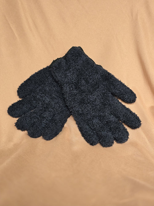 Pair of black microfiber leaf cleaning gloves laid flat